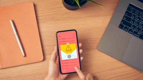 hand holding smartphone and show malware screen that comes with warrning email