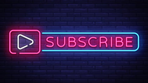 Highlighted play sign and the word subscribe on a dark bricked background