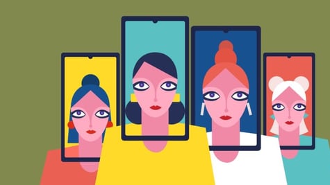cartoon showing women's faces in a frame of phone screen