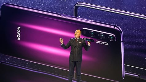 President of Huawei's Honor brand, George Zhao, launches the Honor 20 range of smartphones at an eve