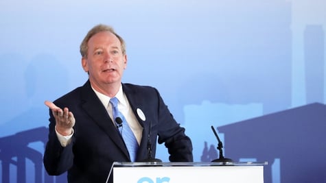 Microsoft President Brad Smith speaks during a company event in Athens, Greece, October 5, 2020.