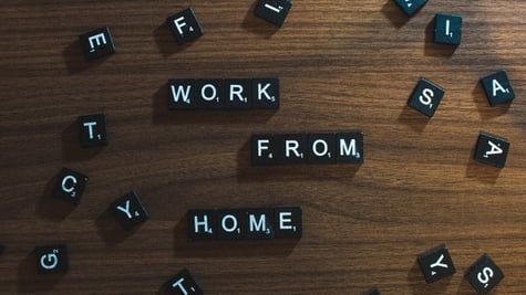 text "work from home" formed from Scrabble letters