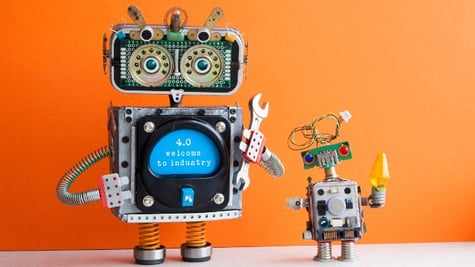 One bigger and one smaller robot in an orange background