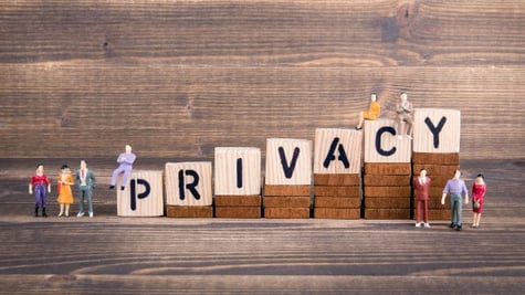 Privacy in ascending letter blocks surrounded with human action figures