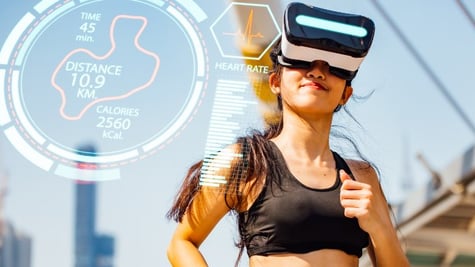 Woman running with VR glasses on