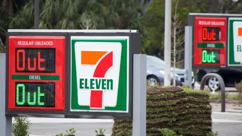 A gas station sign says "Out" because its tanks are empty