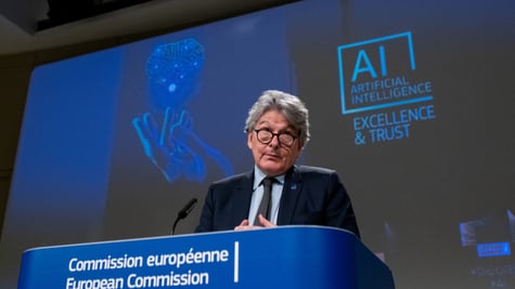 Thierry Breton european commissioner during a press conference following the meeting about the promo
