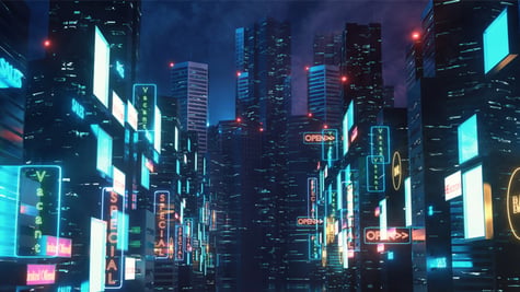 3D Rendering of billboards and advertisement signs at modern buildings in capital city with light re
