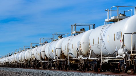 Set of train tanks with oil and fuel transport by rail