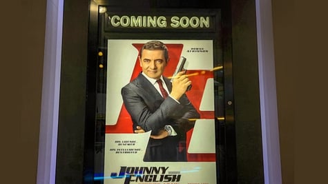 Beautiful standee of a movie Johnny English Strikes Again display showing at the cinema