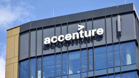 Accenture logo on the facade of multinational business management consultant company