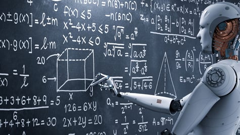Robot writing math formulas on board. AI learning concept.