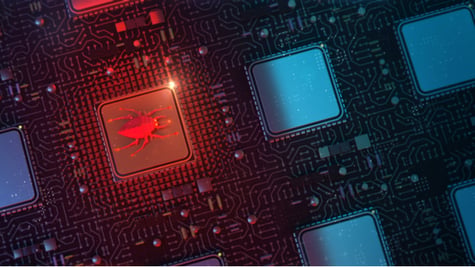Red glowing computer bug on infected chip