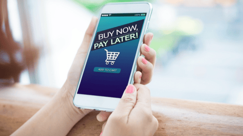 Female hands holding mobile with buy now pay later on screen