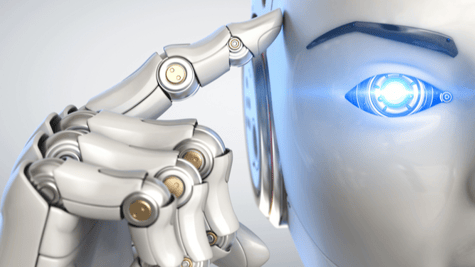 Close-up of a robot pointing to its head