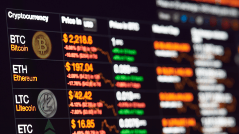 Computer screen showing different cryptocurrencies trading