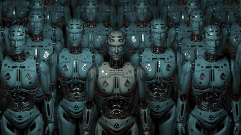 Lots of humanoid robots as metaphor for bot army