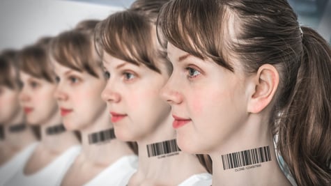 A lot of women in a row with barcode on neck