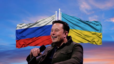 Russian, Ukrainian flags, Elon Musk