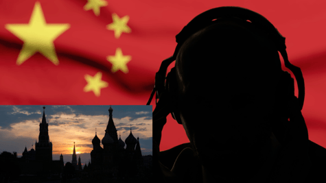 Chinese flag and silhouetted wiretap spy in background with Kremlin skyline in foreground