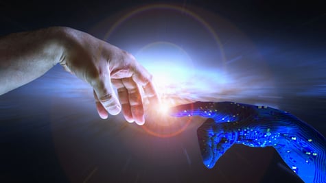 AI hand reaches towards a human hand