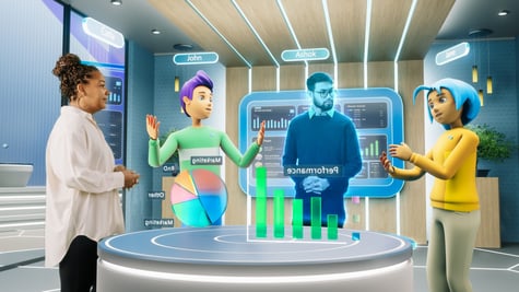 Corporate Business Meeting in Virtual Reality Office Space.