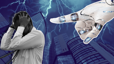 robot hand, laid off worker, skyscraper, stormy sky