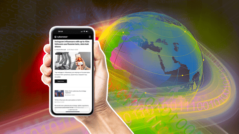 Globe, hands with a mobile phone with Cybernews opened