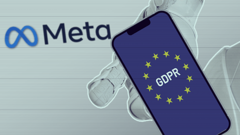 Robot hand clutching phone with GDPR/EU flag on it, Meta logo in background