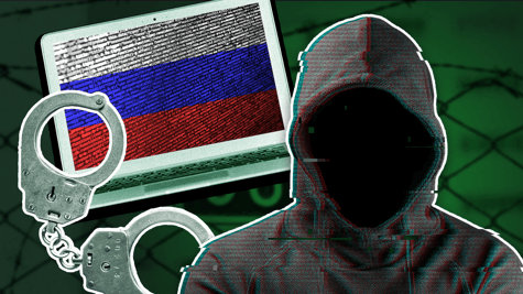 Collage image of hacktivist, handcuffs, and Russian flag
