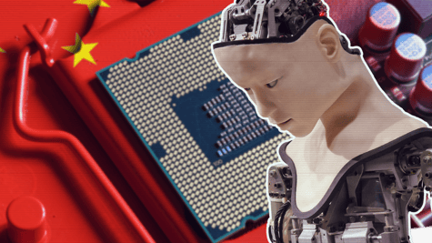 Chip with chinese flag in the background, robot in the foreground