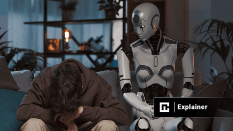 sad boy lost game to an android AI robot