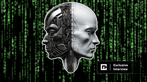 Two robot faces, matrix background