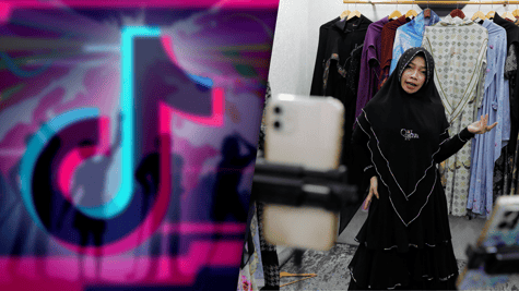 TikTok logo and Indonesian saleswoman