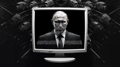 Black and white image of Putin partly obscured on screen