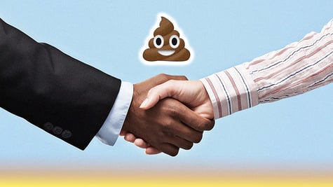 people shaking hands and poop emoji