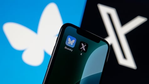Blueskey and X logos separated by phone with Bluesky and X apps
