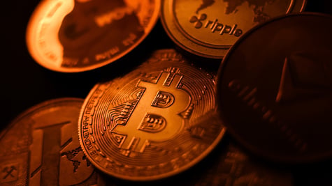 Crypto currency coins, Bitcoin, Doge, Ripple