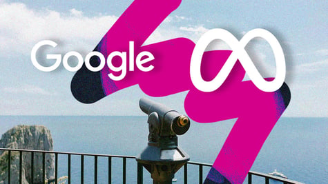 Google and Meta logos next to telescope.