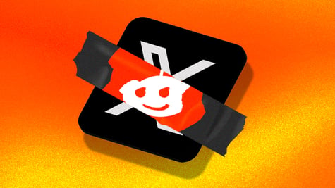 Reddit logo on top of X (Twitter) logo illustrating a ban