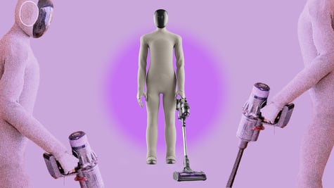 House robot Neo by 1X Technologies golding a Dyson vacuum cleaner