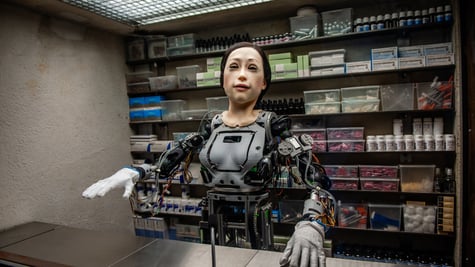 An AI pharmacist dispensing medicine.