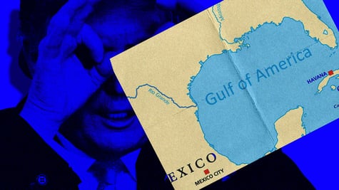 Map of the "Gulf of America" - Donald Trump in the background
