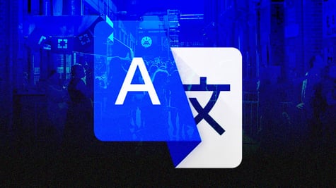 Language characters displayed over a social event.