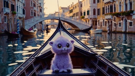 AI video generated by OpenAI Sora, featuring a Furby-like creature in a gondola in Venice