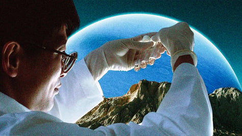 A scientist with test tunes next to a new planet.