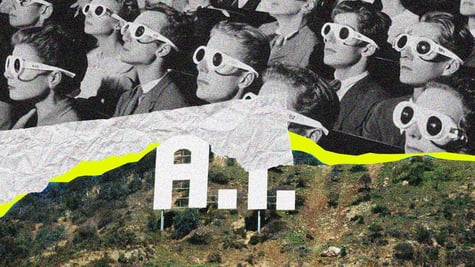 AI as a Hollywood sign with an audience wearing 3D glasses.