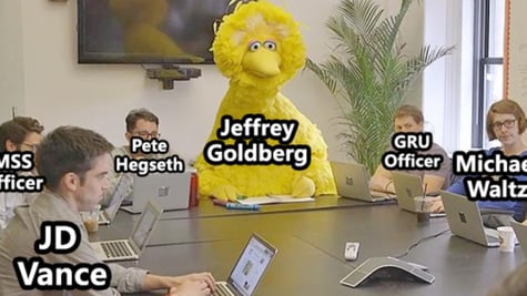 Meme featuring Jeffrey Goldberg as Big Bird among clueless White House officials in Signal chat
