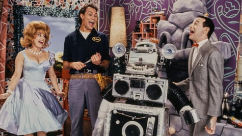 Characters on a retro TV show laughing with a robot.