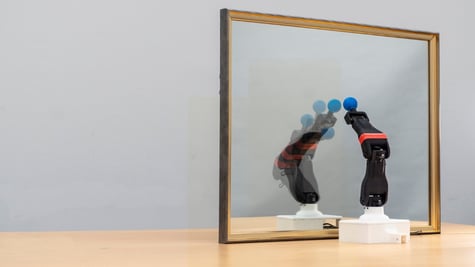 Robot hand "watching" its reflection in a mirror